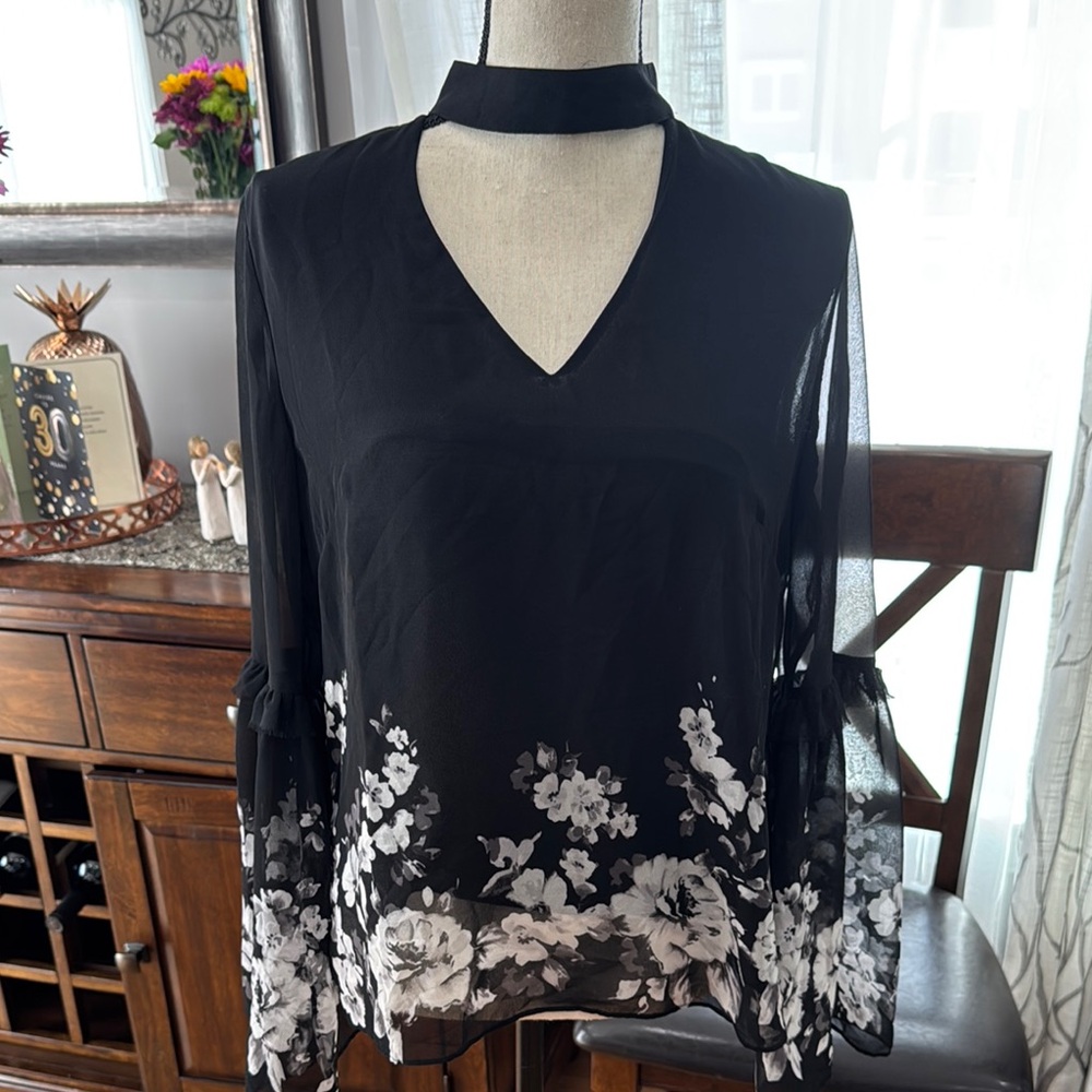 White House Black Market Blue and Black Asymmetrical Bell Sleeve Blouse